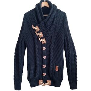 MAKOBI Men’s Shawl Collar Wool Blend Chunky Cable knit Sweater Size M Streetwear